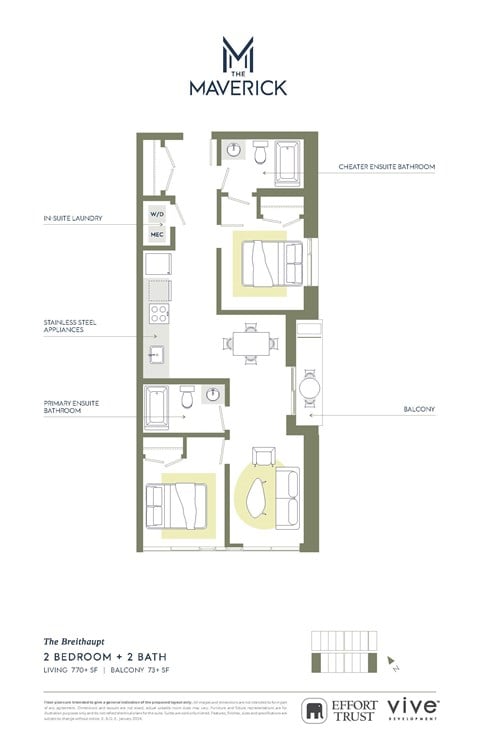 Floor plan for 2 beds, 2 baths, 843 sqft